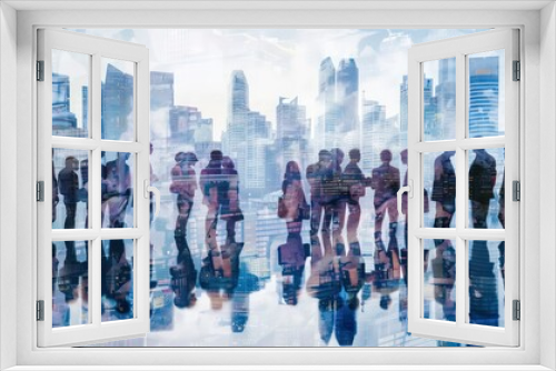 Double exposure image of many business people conference group meeting on city office building in background showing partnership success of business deal. Concept of teamwork