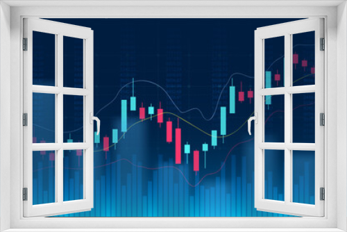 Fototapeta Naklejka Na Ścianę Okno 3D - Financial graph with up trend line candlestick chart in stock market on neon color Widescreen background
