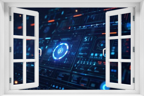 Abstract artificial intelligence system on screen and command bar on dark blue background. Low poly wireframe style technology background. hyper realistic 