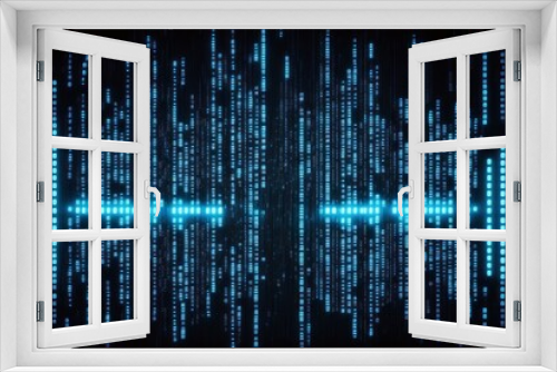 Abstract digital matrix of glowing blue lines and dots, creating a futuristic and technological visual representation of data and information flow