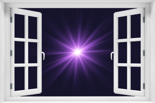 Fototapeta Naklejka Na Ścianę Okno 3D - Purple light effect. Flash of star and flare. On a transparent background.