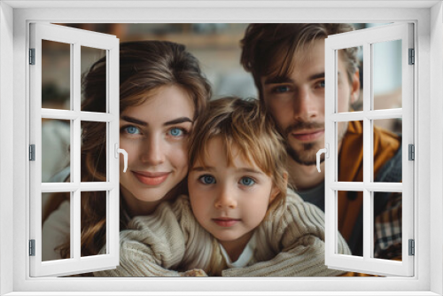 a young family in a modern appartment, looking at the camera