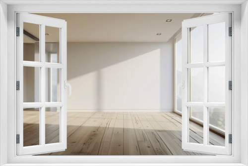 Empty room with a large window and wooden floor. Mockup of a white wall with and wooden floor. Minimalist interior. 3d render