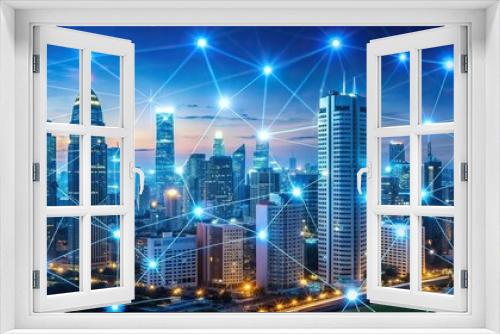Smart city with network connection infrastructure, technology, urban, innovation, internet of things, network, digital, communication, smart, city, connectivity, data, futuristic