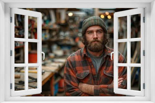 Bearded man standing confidently in a workshop