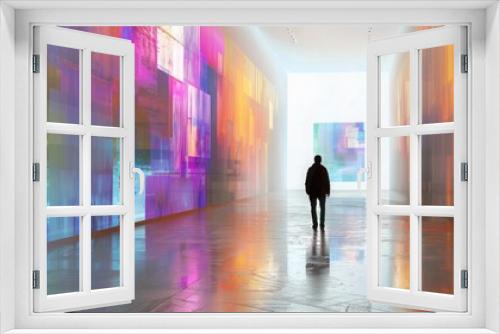 Big data patterns transformed into AI-generated art showcased in a sleek gallery environment. Data insights