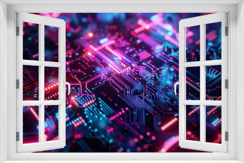 Futuristic motherboard with neon glowing chips