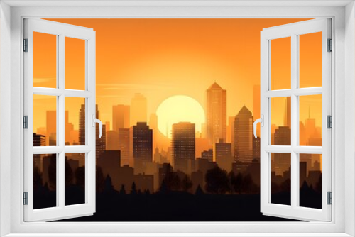 Panoramic view of the city at sunset. Vector illustration.