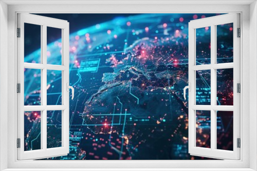 Digital world globe representing global network and connectivity on Earth, featuring high-speed data transfer, cyber technology, information exchange, and international telecommunications.