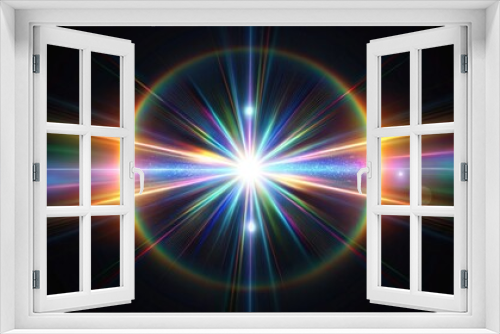 Abstract iridescent lens flare with sunburst pattern and digital glare over a black background, lens flare, sunburst, digital glare, iridescent, abstract, overlay, screen blending