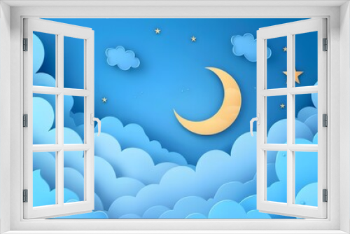 a cloud-filled blue sky with a crescent moon and star, Vector image of a 3D paper cut cloudscape with a nature background banner for Islam