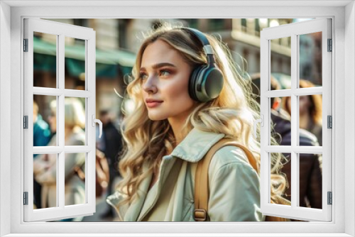 Music lover. A young beautiful curly-haired woman with a backpack in the background of the street and people. A tourist girl listens to music with headphones and walks around the city.