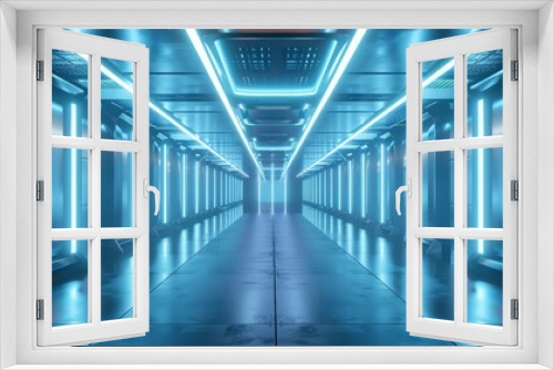 Futuristic room with neon glow and geometric interior. Abstract corridor design with modern illumination and concrete elements. Ideal for technology and electronic-themed displays.