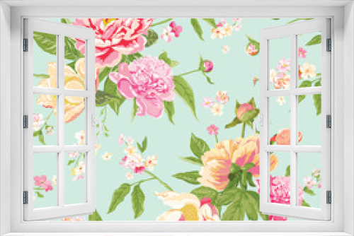 Fototapeta Naklejka Na Ścianę Okno 3D - Vintage Peony Flowers Background - Seamless Floral Shabby Chic Pattern