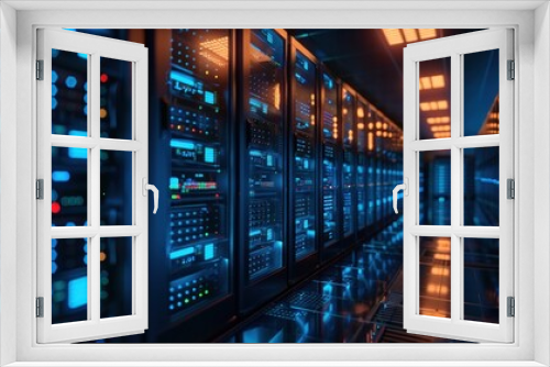 A modern data center with rows of servers and advanced cooling systems. The high-resolution image captures the clean lines and sleek design, with lighting and shadows adding depth and dimension. This