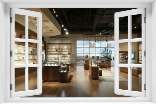 A modern, stylishly designed interior of a retail store with wooden fixtures, glass displays, and a bright, open ambiance.