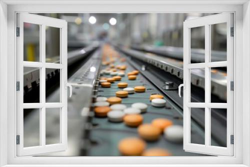 Conveyor belt moving pharmaceutical tablets through modern manufacturing facility