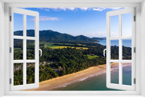 Fototapeta Naklejka Na Ścianę Okno 3D - aerial drone view of the paradise beach with palms in tropical north queensland; mission beach, australia