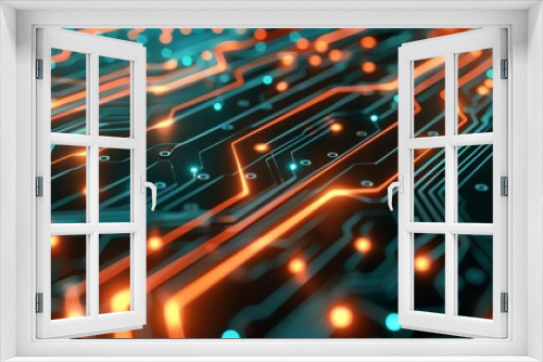 An illustration of a circuit board with glowing orange and blue lights