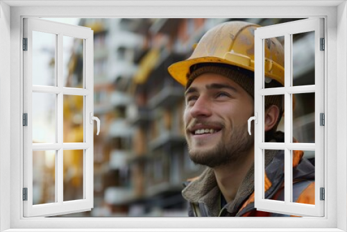 A young male construction worker smiles. on the background of residential buildings construction. Generative AI.