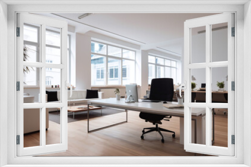 A minimalist office with modern furniture and a large window, emphasizing simplicity and productivity.