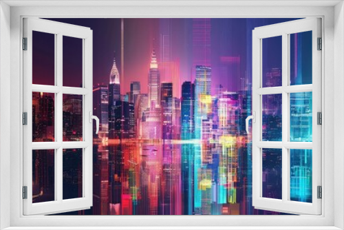 Abstract city skyline with holographic elements, futuristic, multicolor, digital illustration, glowing lines