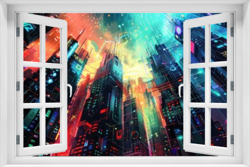 A pop art illustration showcasing a futuristic cityscape with towering skyscrapers and digital billboards all connected through a central search engine interface The vibrant colors and bold outlines