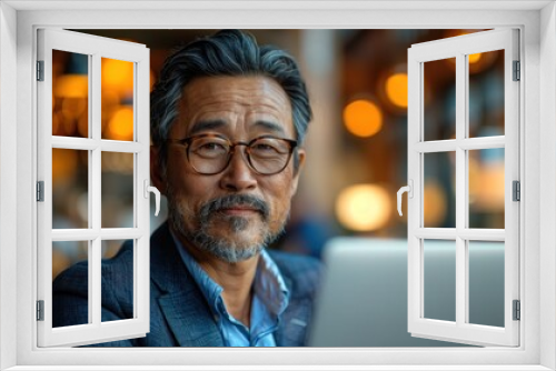 Portrait of an elderly Asian man using a laptop in a cafe, with a thoughtful expression and wearing a modern blue blazer.