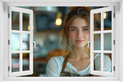 An engaging young woman with a casual updo hairstyle and a friendly demeanor standing in a modern kitchen