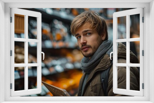 A young man with a stylish haircut and beard looks over his shoulder in a grocery store with shelves full of products