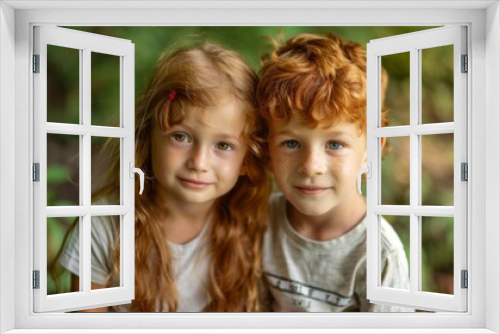 A close-up portrait of a young girl and boy with red hair. The girl is on the left and has long, curly hair. The boy is on the right and has short, curly hair. Both children are smiling.