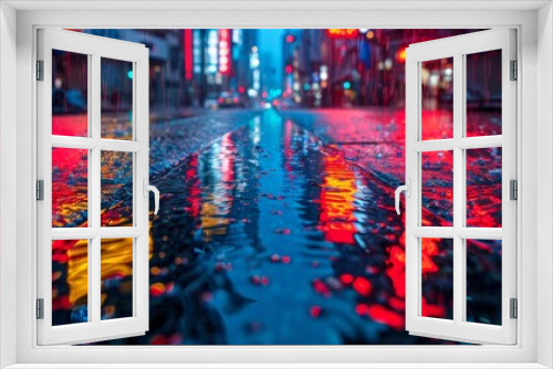 This image captures the vibrant lights of a city street reflected in the rainwater on the asphalt, creating a colorful, wet urban scene