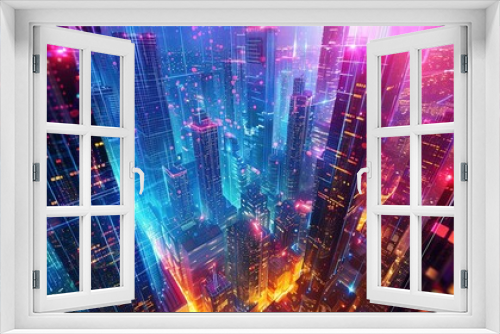 Abstract digital cityscape with skyscrapers and neon lights. A Vision of Urban Futurism Where Skyscrapers Pierce the Night Sky Bathed in Radiant Glow