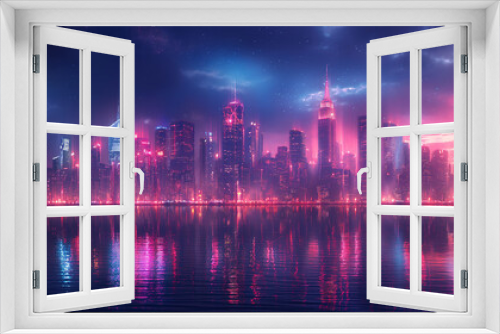 A digital illustration of a futuristic cityscape at night, showcasing a dense cluster of skyscrapers with unique geometric patterns and glowing lines. The background includes a wide river reflecting t