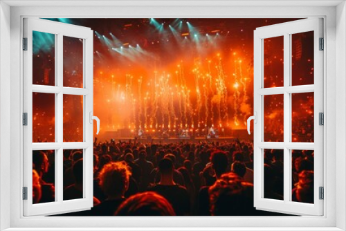 Fireworks and Concert: A live outdoor concert with a fireworks display as the backdrop. Crowd cheering, hands raised, at live show. Concert, show, stage, club, event.	