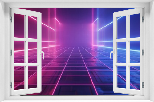 Generate a dynamic photo of neon-like blue and pink light beams casting a futuristic glow on a vintage grid floor backdrop.