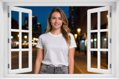 Young woman wearing white t-shirt and grey jeans standing on the street at night