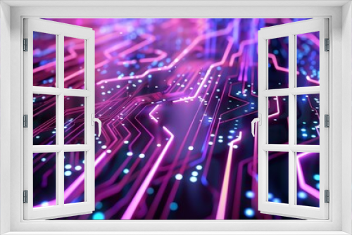 A circuit board with glowing pink and blue lines. The background is dark.
