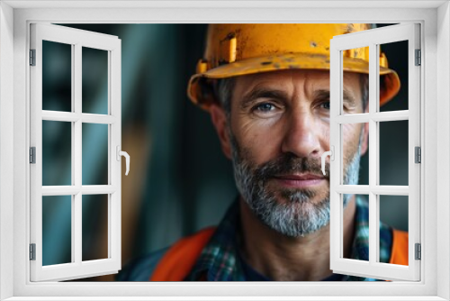 Portrait of a rugged marture working man in a yellow hard hat with a grey beard