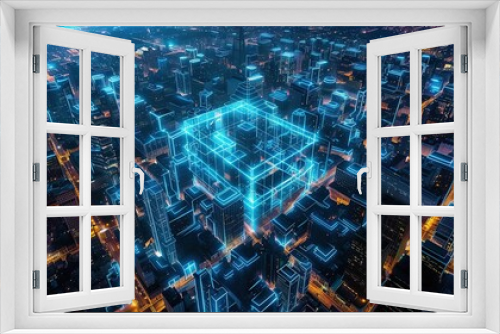 Digital twin of smart city, urban center with buildings and streets surrounded by glowing blue lines forming an abstract cube shape. copy space for text.