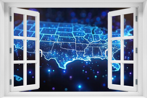 Digital map of the United States illustrating the concept of the American global network, encompassing connectivity data transfer, cyber technology, electronic vote information exchange, and telecommu