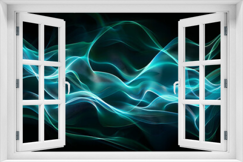 Luminous neon waves with blue and green glowing patterns. Mesmerizing abstract art on black background.