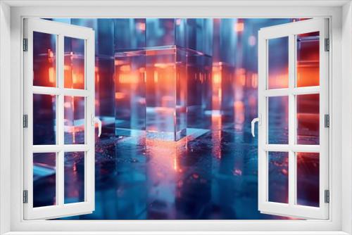 Abstract concept of futuristic technology with glowing cubes and reflective surfaces