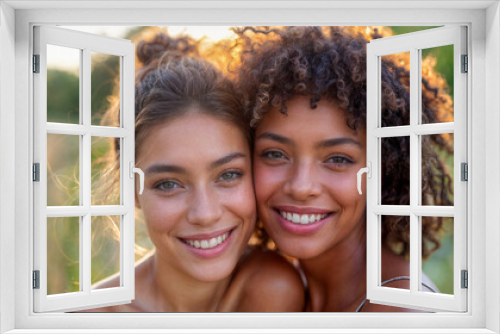 Two women with curly hair are smiling at the camera. They are wearing tank tops and are sitting in a field