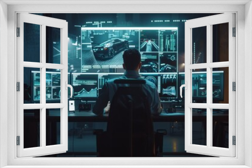 Man at Control Center Analyzing Data on Multiple Screens, Generative AI