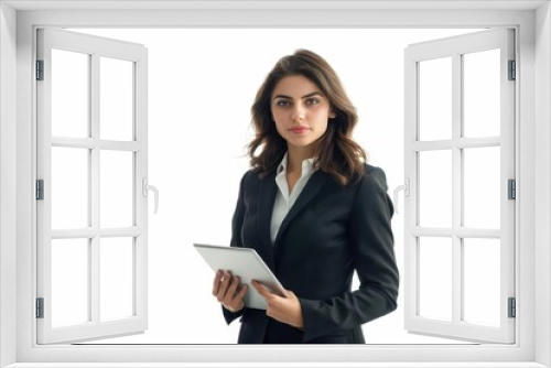 confident businesswoman holding tablet fulllength portrait on white background