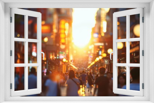crowded shopping street at sunset busy urban lifestyle scene blurred background