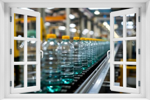 manufacturing plastic bottles on a conveyor belt in a factory