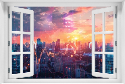 Cityscape with sunset and financial graphs overlay. Dynamic business chart reflects retail earnings. Double exposure.