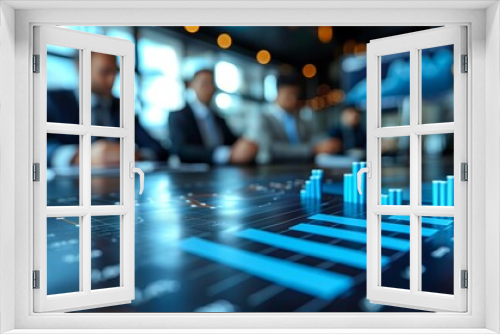 Business Meeting with Financial Graphs on Table. Business team in a meeting room, focused on a table with financial graphs and charts, blurred background.